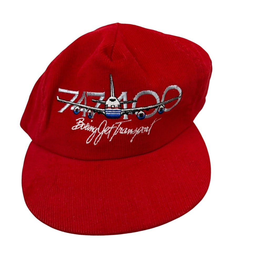 Boeing Hat Mens OS Red 747-400 Jet Transport Corduroy Snapback Made in USA